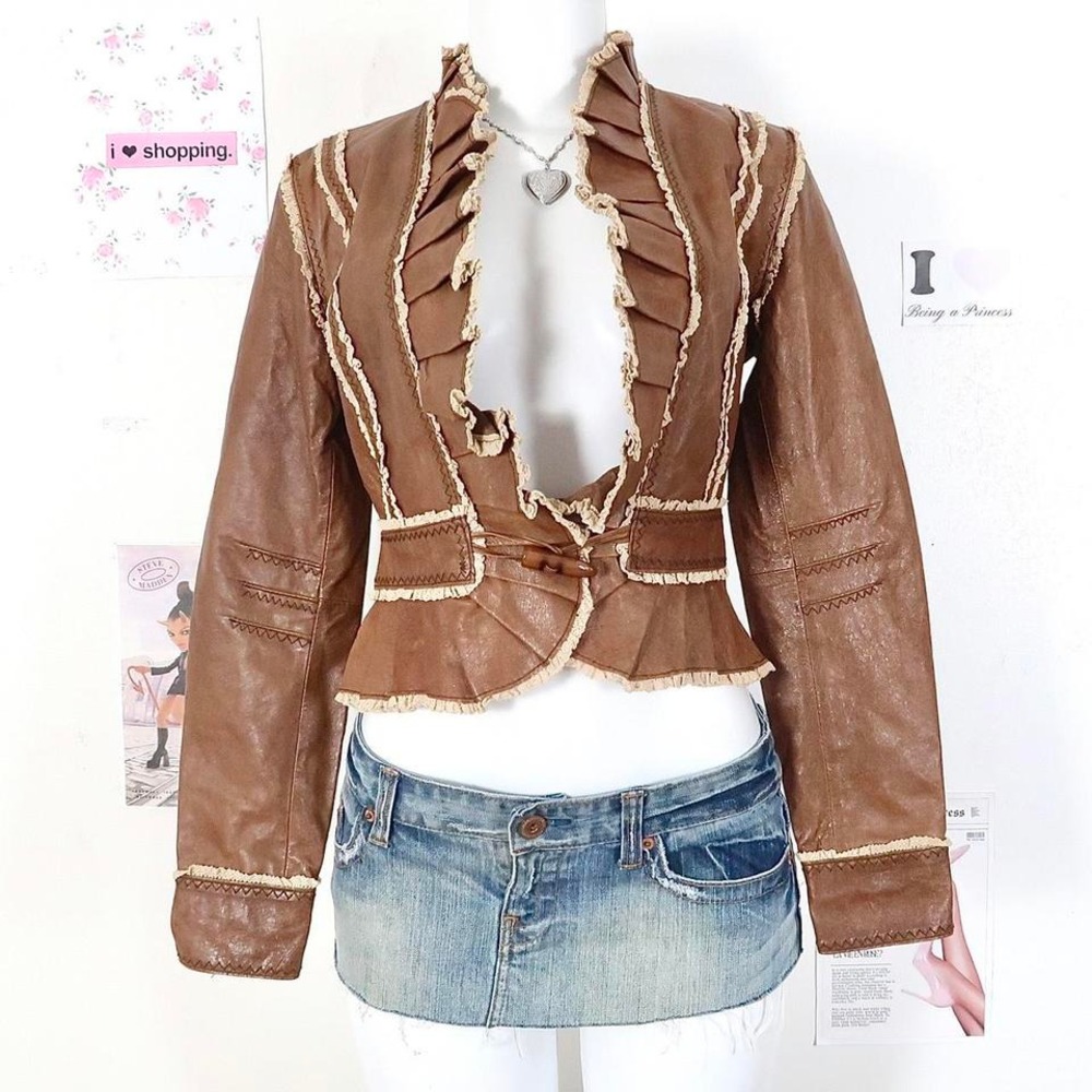 Moda International Brown Ruffle Trim Leather Jacket